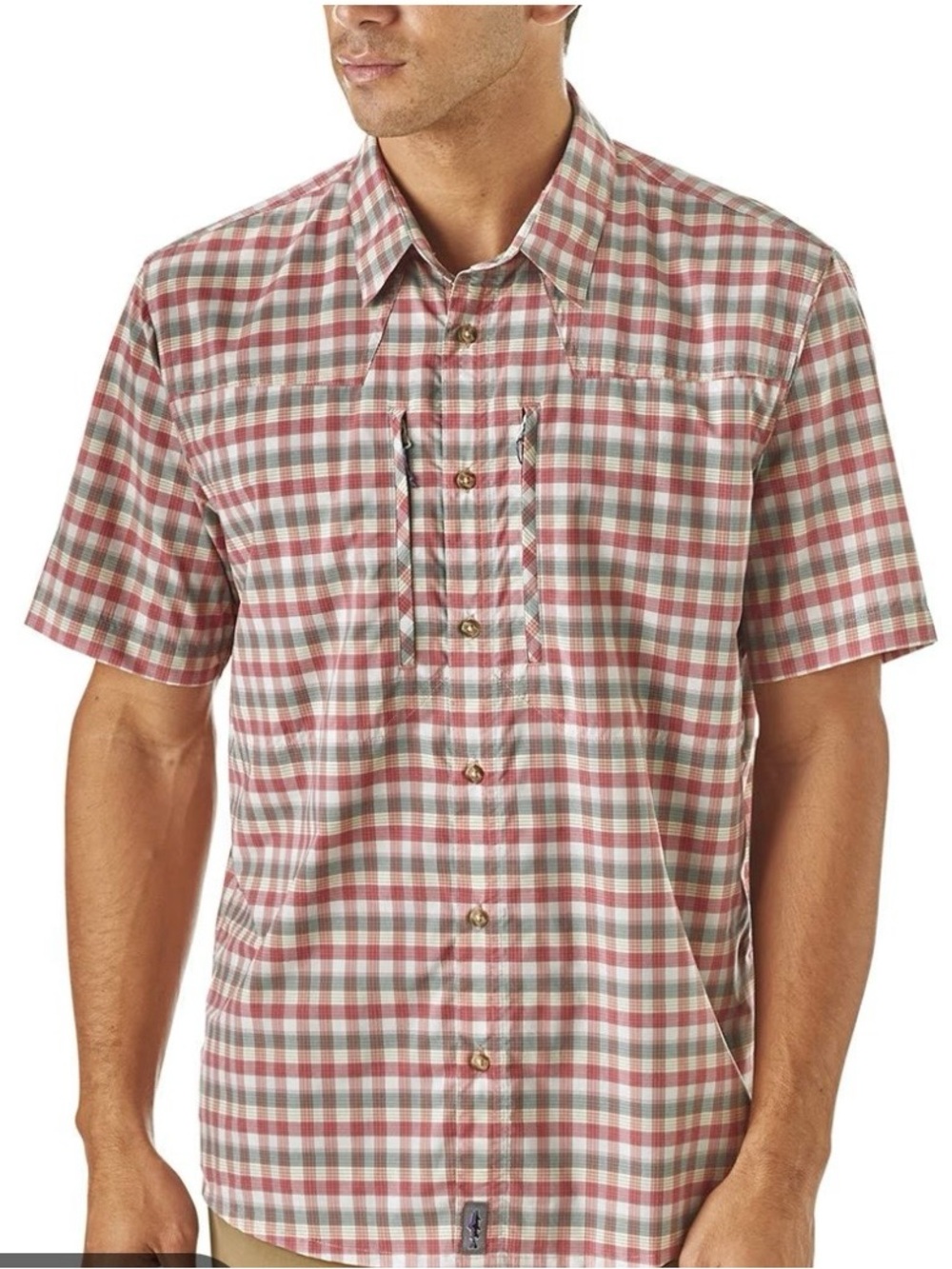 Patagonia Mens Plaid Short Sleeve Medium Green and Pink
